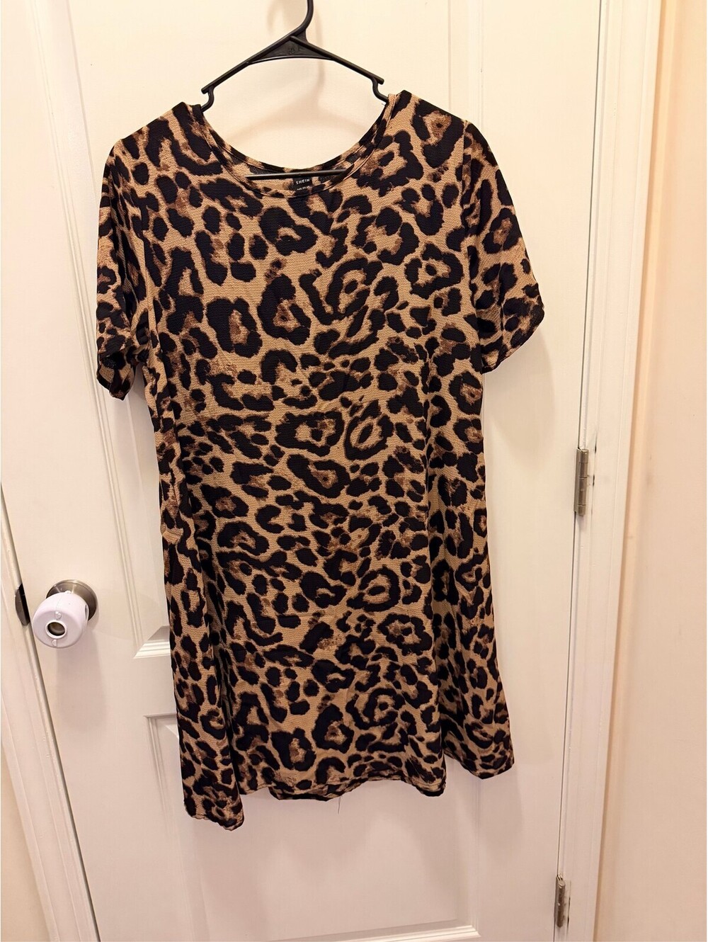 SHEIN Women's Leopard Print T-Shirt Dress Short Sleeve Mini Brown Black LRG